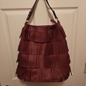 Fringed Womens Hobo Shoulder Bag - Burgundy